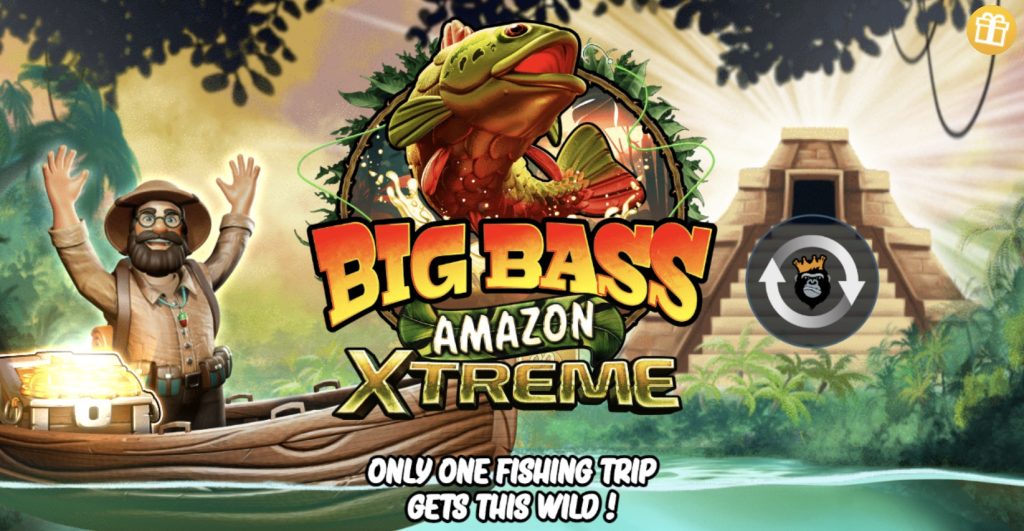 Big Bass Amazon Xtreme game promotion: explorer with raised hands, treasure chest on boat, bass fish, temple in the jungle and text 'Only a fishing trip gets this wild!