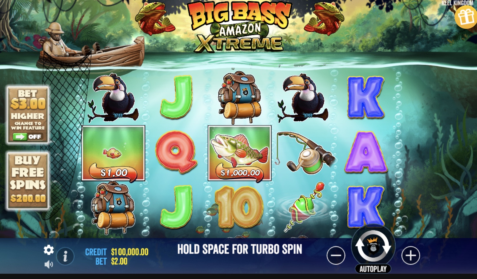 Big Bass Amazon Xtreme game screen: explorer in boat, game symbols such as toucans, backpacks, bass fish, fishing rod, underwater letters and numbers. Options on the left for betting and buying free spins. Credit and bet displayed at the bottom.