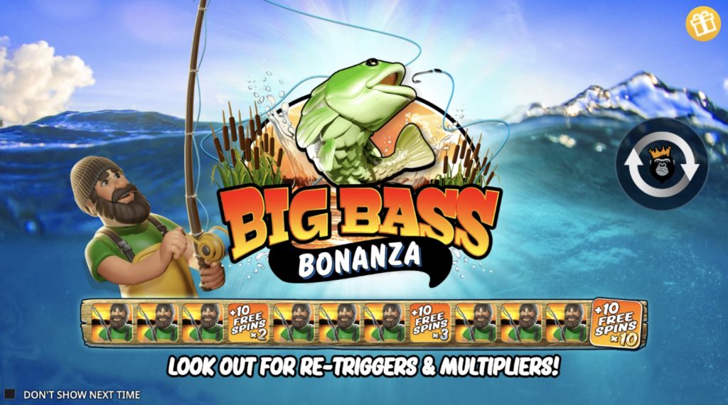 Стартовый экран игры Big Bass Bonanza. На нем изображен рыбак с зеленой рыбой на крючке. По центру расположено название "Big Bass Bonanza", а также бонусные иконки "10 бесплатных вращений" и множители. Внизу надпись "Осторожно, ретриггеры и множители!".