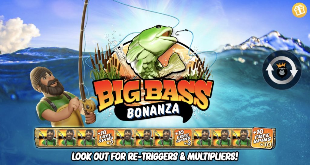 A cartoon fisherman holding a fishing rod with a large fish in the background. The text "Big Bass Bonanza" is prominently displayed. The lower part of the image shows icons of the fisherman with text indicating free spins and multipliers. The background features a water scene with waves.