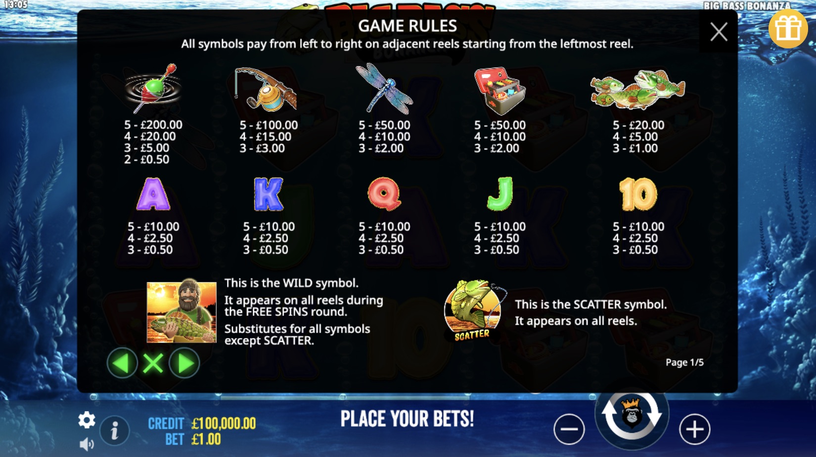 Big Bass Bonanza game rules screen showing symbol payouts. The dark background highlights the colorful and detailed symbols, including lures, fishing rods, dragonflies, fishing boxes, fish, letters A, K, Q, J and the number 10. Payout values are listed for combinations of 3, 4 and 5 symbols. Wild and Scatter symbols are explained at the bottom