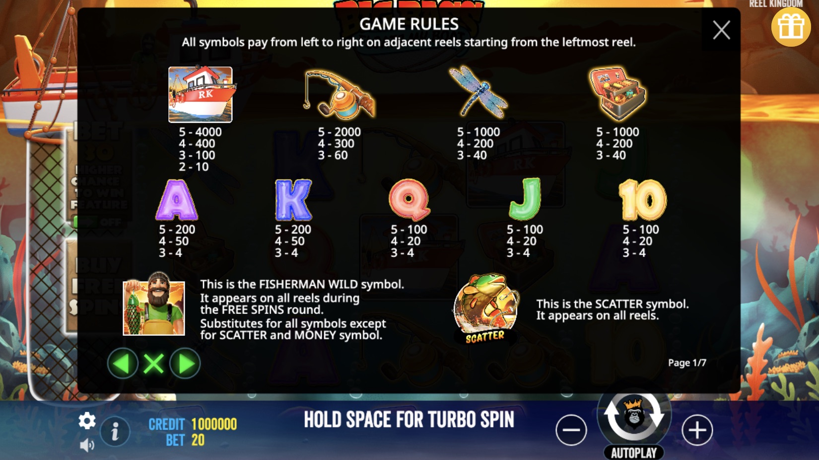 A screen with the game rules for a slot machine called "Big Bass Floats My Boat". The screen shows various symbols and the corresponding payouts. The symbols include a fishing boat, a fishing rod, a dragonfly and a tackle box, along with the card symbols A, K, Q, J and 10. The rules explain that the symbols pay from left to right on adjacent reels. There is also information about a Fisherman Wild symbol and a Scatter symbol. The lower part of the screen shows the game controls and the player's credit and bet amounts.