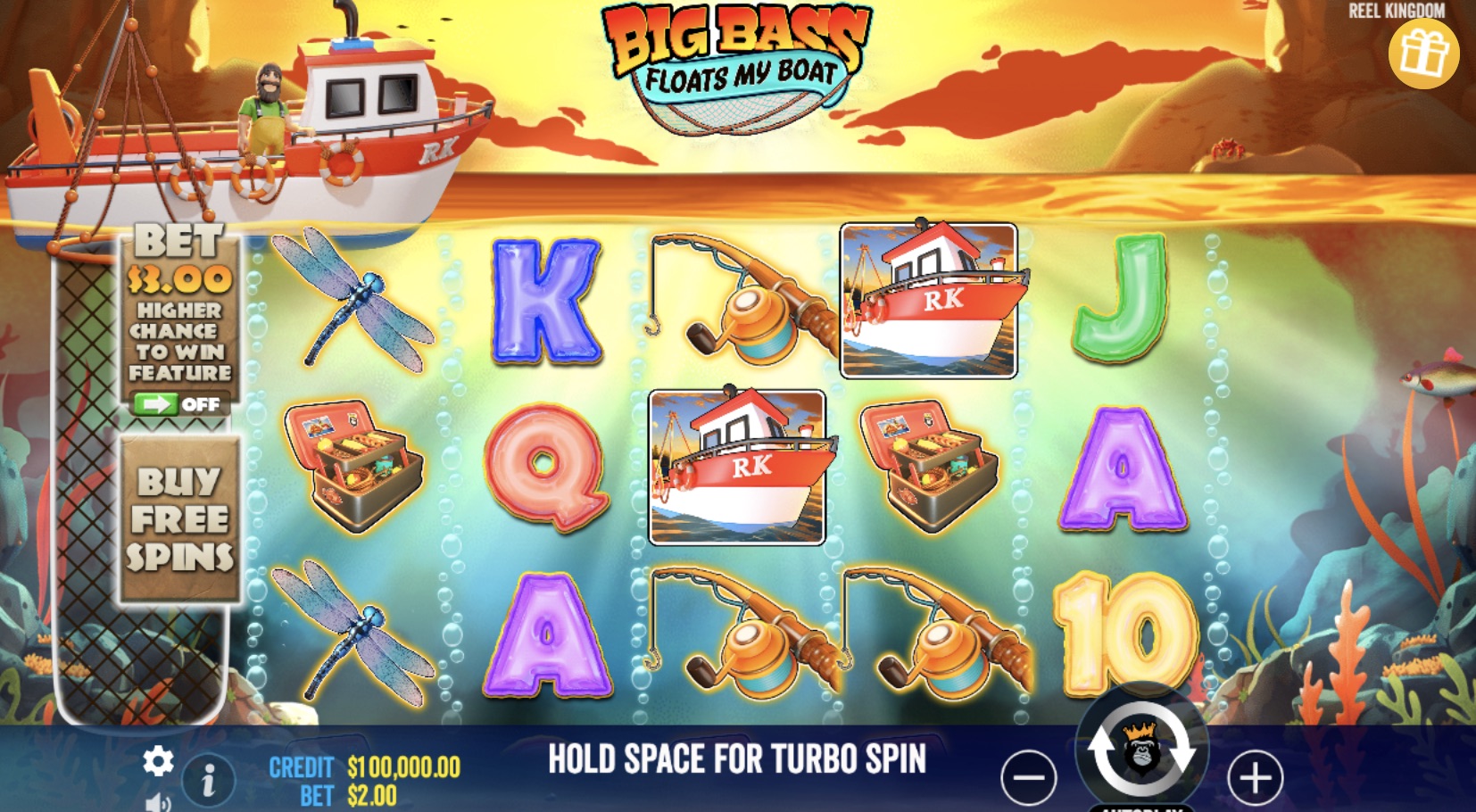 In this image, we see the game screen with symbols such as the Boat, the Fishing Rod, the Dragonfly, the Treasure Chest, and the letters A, K, Q, J, and the number 10. The player has the option to bet $3.00 to increase the chance of winning, buy free spins and use the Turbo Spin mode.