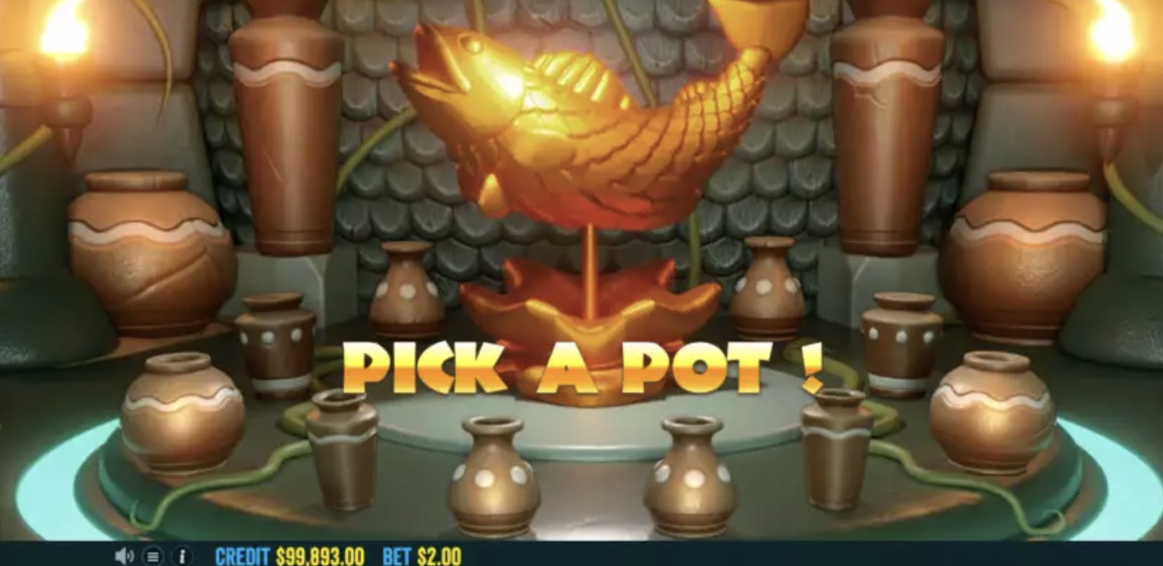 Image from the game Big Bass Amazon Xtreme showing a goldfish on a pedestal surrounded by ceramic pots. Centralized text reads 'Pick a Pot!' indicating the choice of a pot.